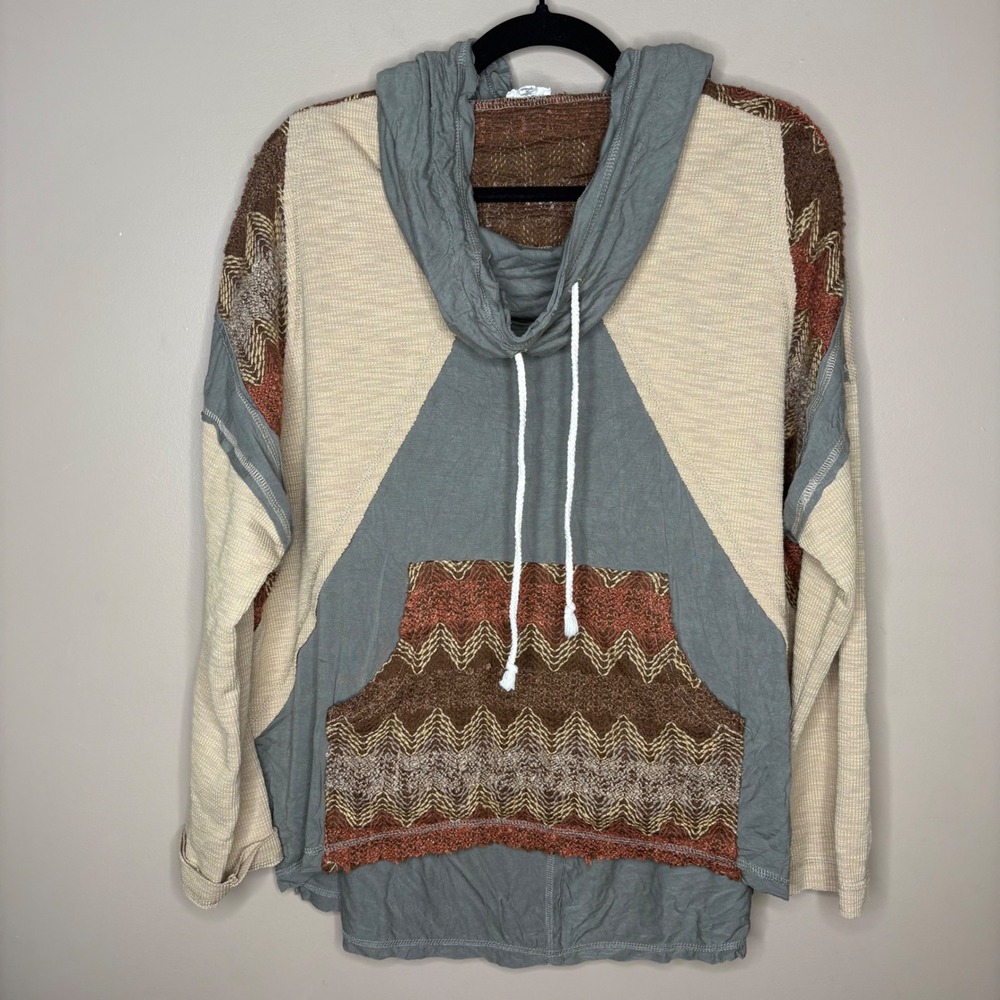 POL Womens Sage Green Colorblock Chevron Thermal Knit Hoodie Small